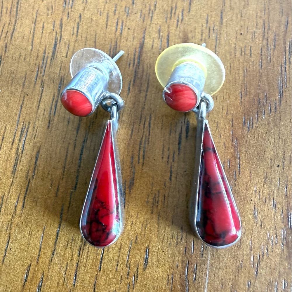 Modern Silver and Red Teardrop Earrings
